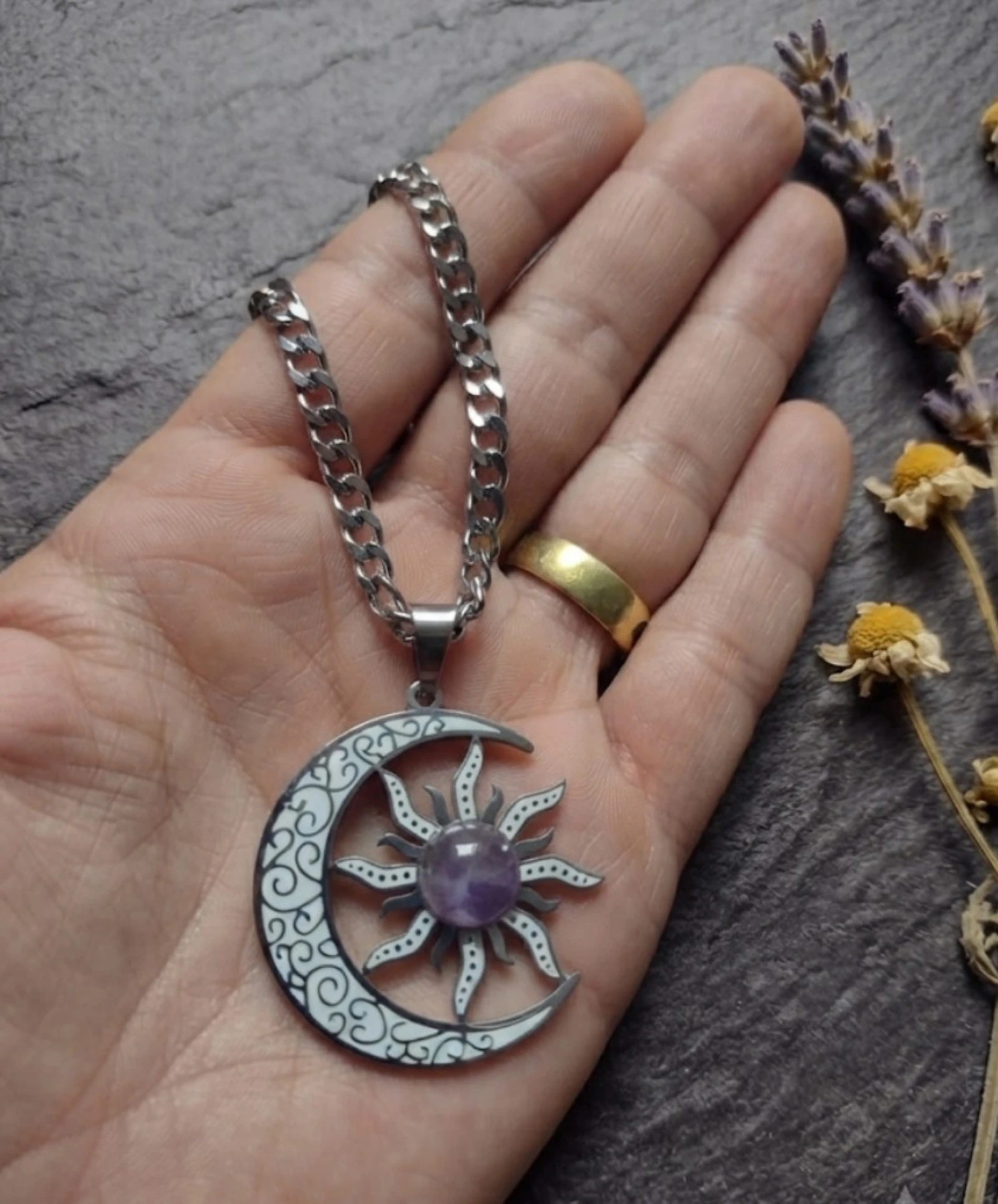 Luna and sun steel pendant with Amethyst stone – photo 2